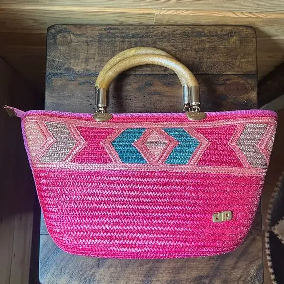 Hot Pink Woven Straw Tote Wood Handles Resort Bag Made in Italy NWOT Piergiorgio - Picture 12 of 16